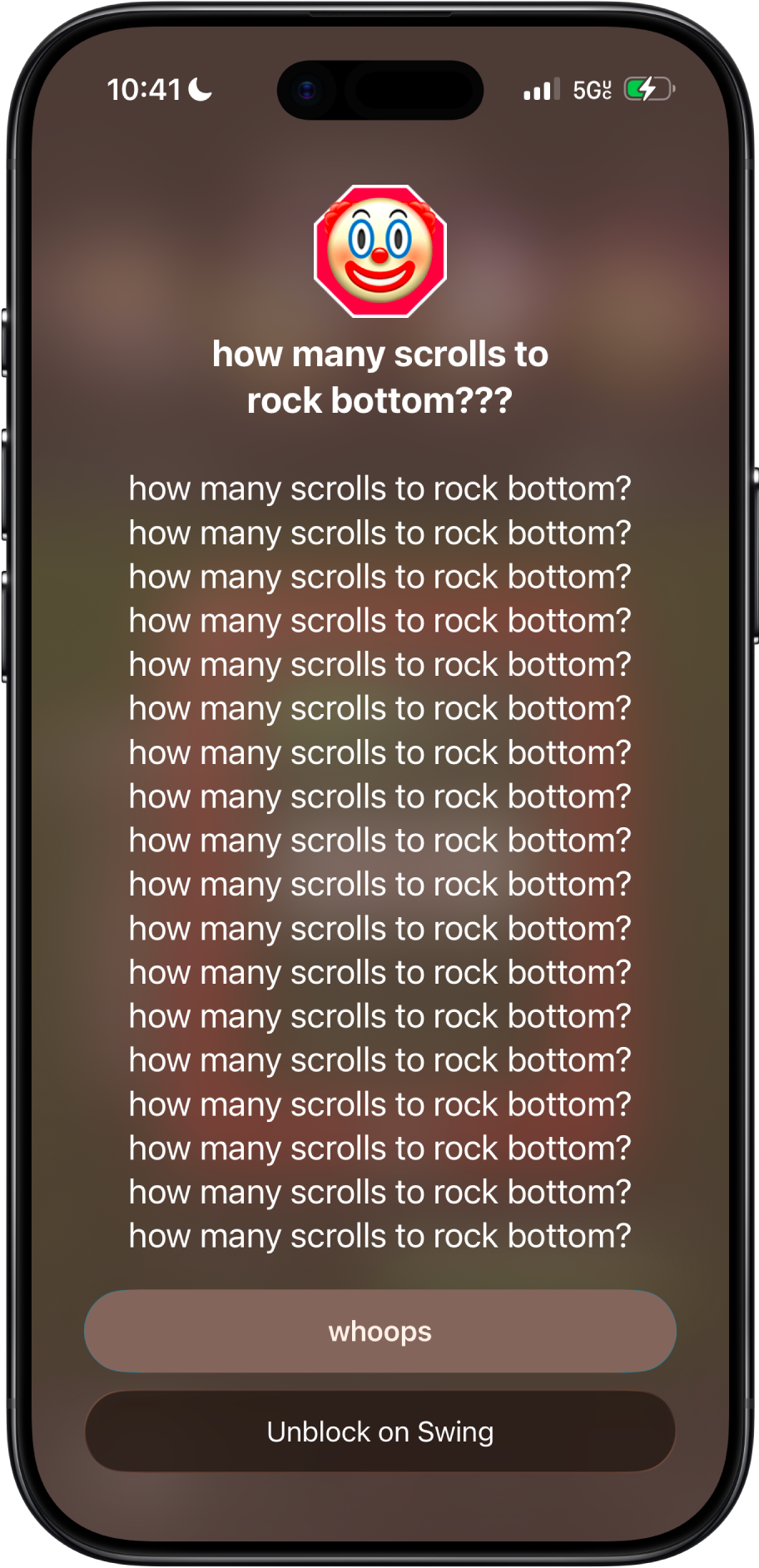 Swing asks how many scrolls until rock bottom, with an option to unblock on Swing.